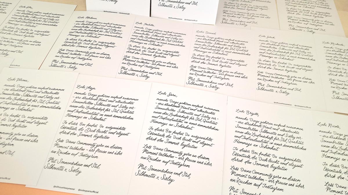 CalliLetters-Handgeschriebene-Sommerkarten-Silhouette-Sisley-Sandra-Brezina CalliLetters gestaltet Karten für PR-Aktionen mit moderner Kalligrafie, z.B. für Silhouette und Sisley Paris