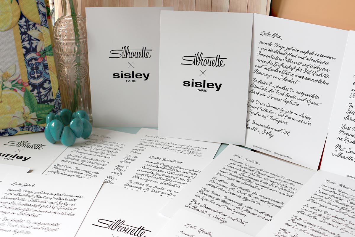 CalliLetters-Kalligrafie-Handgeschriebene-Briefe-PR-Aktion-Silhouette-Sisley-Sandra-Brezina-Wien Handgeschriebene-Karten-mit-moderner-Kalligrafie-für-Silhouette-und-Sisley-von-Sandra-Brezina-Wien