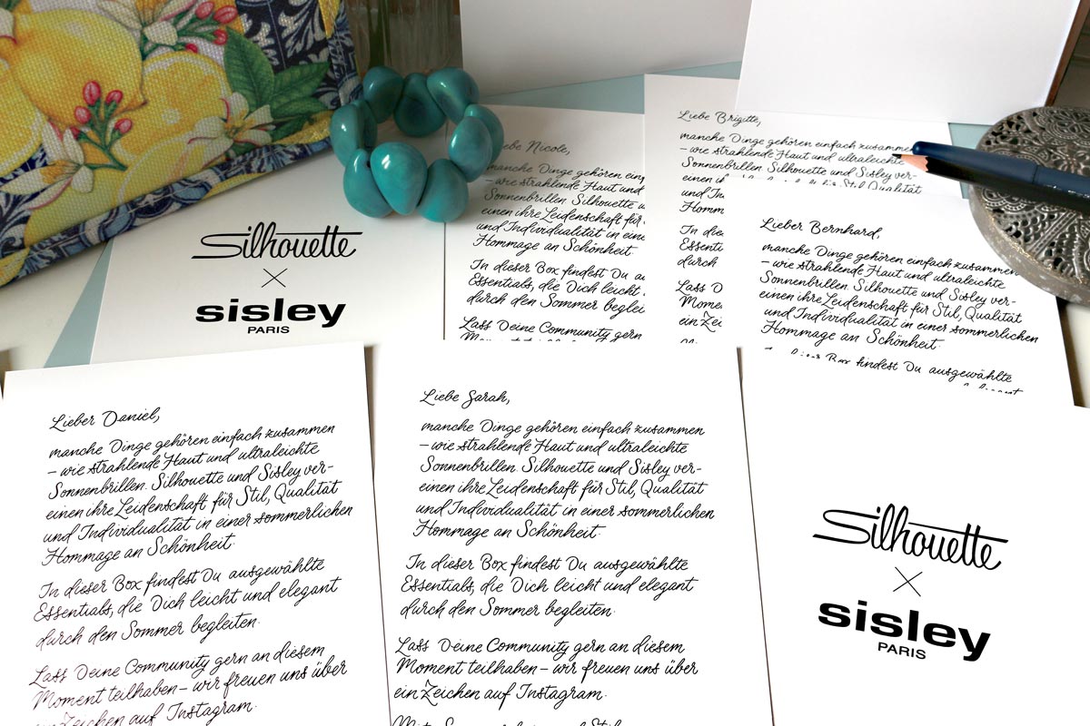 CalliLetters-Kalligrafie-Handschrift-PR-Aktion-Silhouette-Sisley-Sandra-Brezina-Wien Handschrift für PR-und Gifting-Aktion von Silhouette und Sisley, gestaltet von Sandra Brezina im Auftrag von Agentur PR International. Wien